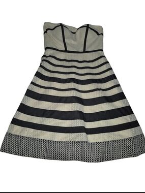 Strapless Black & Cream Striped Mesh And Sequins Overlay A-Line Cocktail Dress S